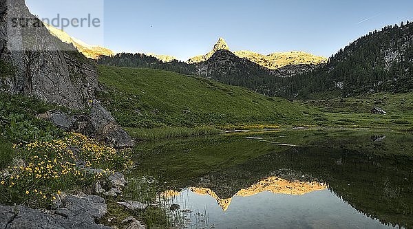 Schottmalhorn spiegelt sich im Funtensee bei Sonnenuntergang  Steinernes Meer  Nationalpark Berchtesgaden  Bayern  Deutschland  Europa