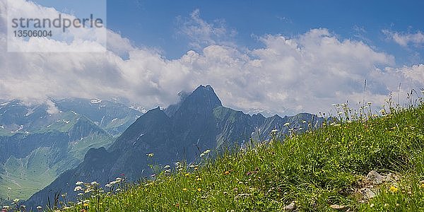 Bergpanorama vom Laufbacher Eck-Weg  einem aussichtsreichen Bergweg vom Nebelhorn ins Oytal  hinter der Höfats  2259m  Allgäuer Alpen  Allgäu  Bayern  Deutschland  Europa