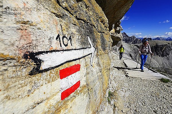 Wanderer auf dem Wanderweg 101 kurz vor der Büllele-Joch-Hütte  Sextener Dolomiten  Hochpustertal  Südtirol  Italien  Europa