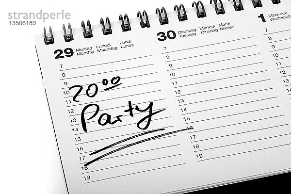 Eintrag ''Party''  Party  in einem Tagebuch'