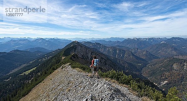 Wanderer beim Überqueren der Blauberge  vom Predigtstuhl über Blaubergschneid  Blaubergkopf und Karschneid zum Halserspitz  Wildbad Kreuth  Oberbayern  Bayern  Deutschland  Europa