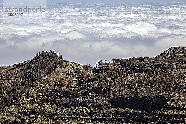 Blick vom Roque Nublo auf die Degollada de la Becerra und das Wolkenmeer über dem Norden von Gran Canaria  Gran Canaria  Kanarische Inseln  Spanien  Europa