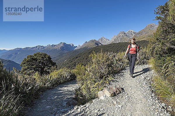 Wanderin auf dem Key Summit Trail  Fiordland National Park  Southland  Neuseeland  Ozeanien