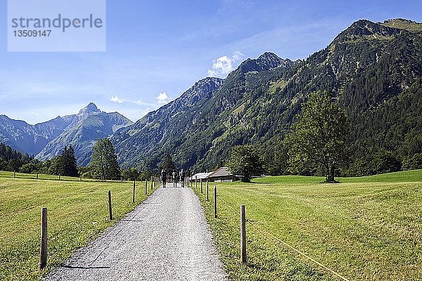 Wanderer im Trettachtal  bei Gottenried  hinter AllgÃ¤u Alpen  Oberstdorf  OberallgÃ¤u  AllgÃ¤u  Bayern  Deutschland  Europa