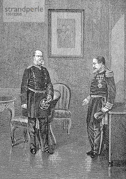 König Wilhelm und Napoleon III. nach der Kapitulation von Sedan im Schloss Bellevue am 2. September 1870  Reproduktion einer Holzschnitt-Publikation aus dem Jahr 1888  Berlin  Deutschland  Europa