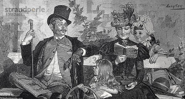 Vornehm  adlig  Menschen im Stadtpark  Mutter liest ihren Töchtern aus einem Schulbuch vor  Familie  Mann mit Zylinder schaut interessiert  1880  Holzschnitt  England