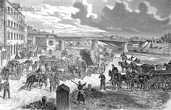 Das Armeemagazin und die gesprengten Brücken in Pontoise bei Paris  Deutsch-Französischer Krieg 1870/71  Holzschnitt  Frankreich  Europa
