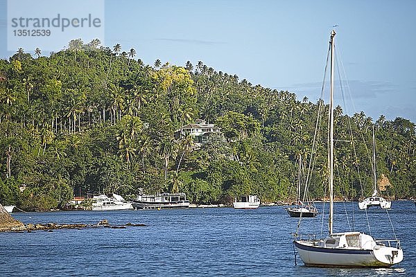 Boote in der Bucht von Samaná  hinter dem Dschungel von Santa Barbara de Samaná  Provinz Samaná  Dominikanische Republik  Mittelamerika