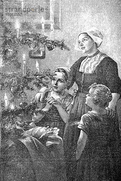Weihnachtszeit  Mutter und zwei Kinder vor einem Weihnachtsbaum mit brennenden Kerzen  1880  Holzschnitt  Deutschland  Europa