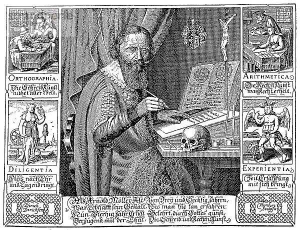 Ein Schreib- und Rechenlehrer des 17. Jahrhunderts an seinem Schreibtisch  1644  Holzschnitt  England