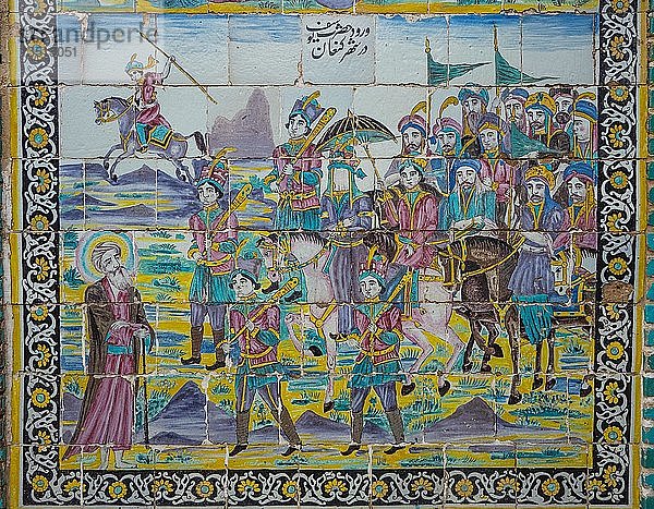 Kachelbild mit Szene aus der persischen Geschichte  Blumendekor  Moschee Tekyeh Moaven-ol Molk  Kermanshah  Iran  Asien