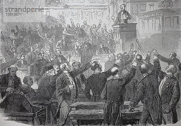 Die Kriegserklärung im Senat in Paris am 15. Juli 1870  Deutsch-Französischer Krieg oder Deutsch-Französischer Krieg 1870/1871 Holzschnitt  Frankreich  Europa