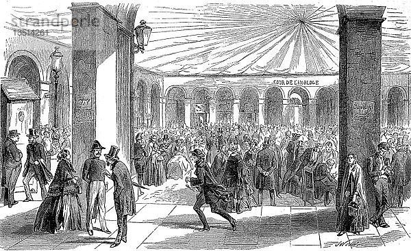 Zeichnung  Prozess der Unterzeichnung und Verpflichtung der Investoren  in Kriegsanleihen vor dem Krimkrieg zu investieren  1855  Paris  Holzschnitt  Frankreich  Europa