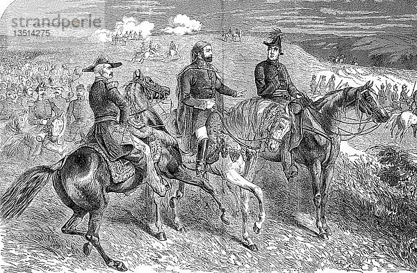 Die Generäle Aimable-Jean-Jacques Pélissier  1. Duc de Malakoff  Omar Pasha Latas und Lord Raglan  Krimkrieg  Belagerung von Sewastopol  1855  Holzschnitt  Russland  Europa