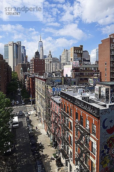 Blick von der Manhattan Bridge auf die Madison Street  Chinatown und Graffitis auf den Dächern  New York City  USA  Nordamerika