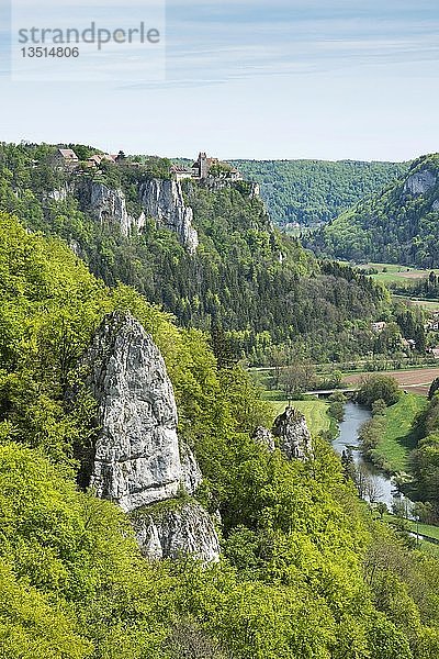 Blick auf das obere Donautal und das Schloss Werenwag vom Eichfelsen aus gesehen  Baden-Württemberg  Deutschland  Europa