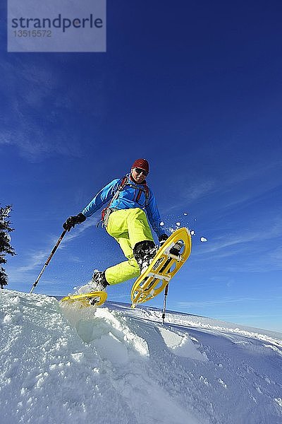 Schneeschuhwanderer mit großen Schritten im Schnee  Fellhorn  Reit im Winkl  Bayern  Oberbayern  Deutschland  Europa