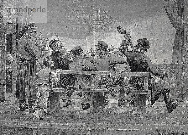 Jüdisches Orchester in einem polnischen Theater  fünf Männer  Musikanten  1880  Holzschnitt  Polen  Europa