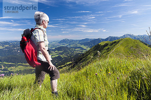 Frau steht auf einer Alm und blickt zum Söllereck  Oberstdorf  Bayern  Deutschland  Europa