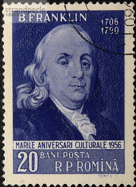 Benjamin Franklin  ein nordamerikanischer Drucker  Verleger  Schriftsteller  Wissenschaftler  Erfinder und Staatsmann  Porträt auf einer rumänischen Briefmarke  Schweden  Europa
