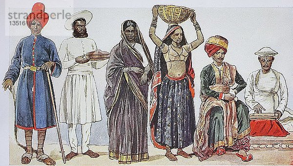 Kleidung  Mode in Indien in der modernen Geschichte  von links  ein Mann aus Bombay  ein Diener aus Bombay  eine Frau aus Bombay  dann ein Niedriglöhner und ein in Madras geborener Mann mit dracidischer Abstammung  Illustration  Indien  Asien
