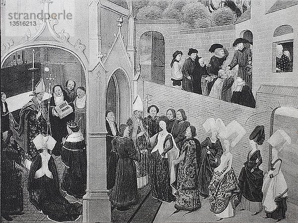 Kleidung  burgundische Mode in flämischer Buchmalerei des 15. Jahrhunderts  zeigt eine Krönungszeremonie mit Gefolge  Frauen meist mit Doppelhornhaube und weitem Schleier  Holzschnitt  Frankreich  Europa