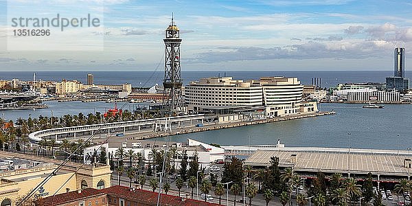 Blick vom Montjuic  Port Vell mit World Trade Centre  Barcelona  Provinz Barcelona  Katalonien  Spanien  Europa