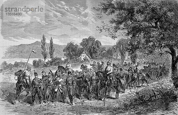 Gefangenentransport von Metz durch das Moseltal  nach der Kapitulation am 30. Oktober  Deutsch-Französischer Krieg 1870/71  Holzschnitt  Frankreich  Europa