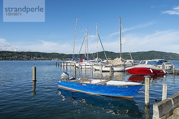 Blaues Motorboot vor Anker im Yachthafen von Bodman  Bodensee  Baden-Württemberg  Deutschland  Europa