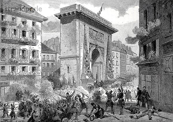 Straßenkampf um das St. Denis-Tor während der Junirevolution in Paris 1848  Holzschnitt  Frankreich  Europa
