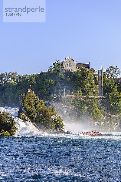 Touristenboot am Rheinfall mit Schloss Laufen  bei Schaffhausen  Kanton Schaffhausen  Schweiz  Europa