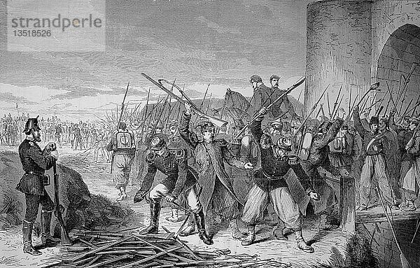 Abzug der Straßburger Besatzung aus der Festung  nach der Kapitulation am 28. September  Deutsch-Französischer Krieg 1870/71  Holzschnitt  Frankreich  Europa