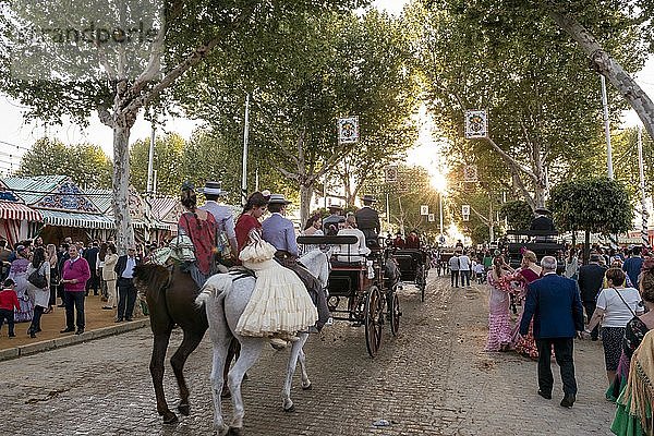 Pferdekutsche vor Casetas  die Sonne scheint durch die Bäume  traditionelle Kleidung  Feria de Abril  Sevilla  Andalusien  Spanien  Europa