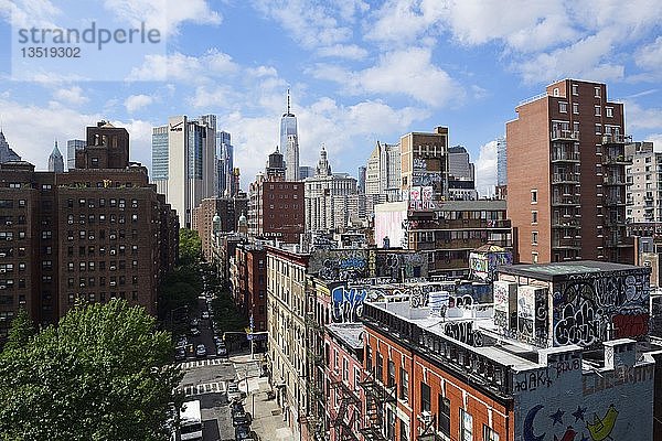 Blick von der Manhattan Bridge auf die Madison Street  Chinatown und Graffiti auf den Dächern  New York City  USA  Nordamerika