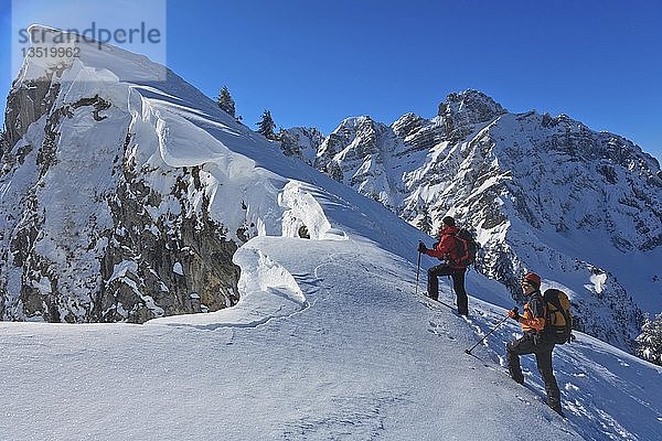Zwei Bergsteiger auf einer Skitour im Winter  Schneehänge am Gipfelgrat zum Firzstock  hinter Mürtschenstock  Oberstalden  Glarner Alpen  Kanton Glarus  Schweiz  Europa