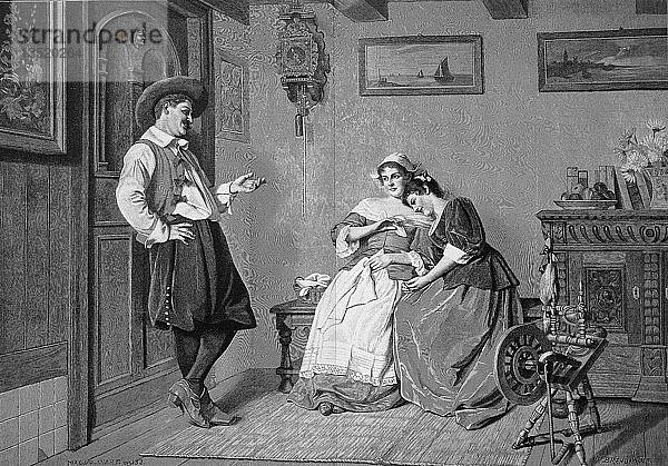 Situation in einem Wohnzimmer um 1850  junger Mann neckt zwei Frauen  Spinnrad  Freundinnen  Flirt  Holzschnitt  Frankreich  Europa