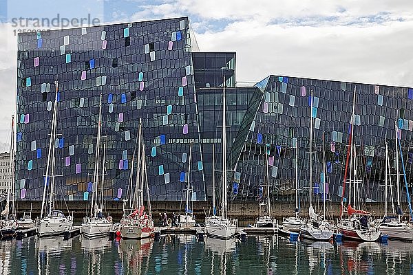 Konzerthaus Harpa mit Hafen  dichromatische Glasfassade mit Farbeffekten von Olafur Eliasson  Reykjavik  Island  Europa