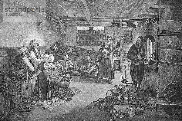 Ein Café  in dem Einheimische sitzen und sich entspannen  Holzschnitt  1888  Bosnien