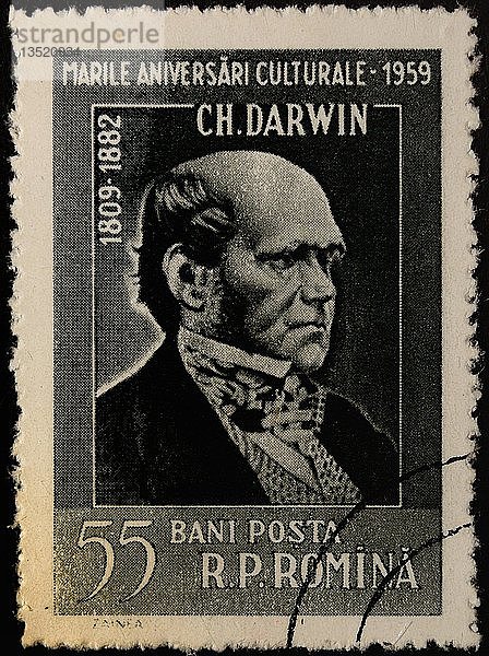 Charles Darwin  englischer Naturforscher  Geologe und Biologe  Porträt auf einer rumänischen Briefmarke  Rumänien  Europa
