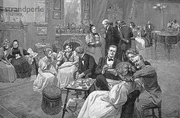 Empfangstag  Männer und Frauen der vornehmen Gesellschaft bei einem Empfang mit einem Adligen  Teetrinken  Konversation  Holzschnitt  1888  England