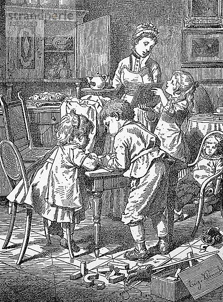 Im Kinderzimmer  Kinder mit Spielzeug und eine Erzieherin  1880  Holzschnitt  England