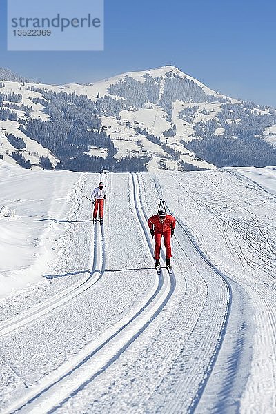 Skilangläufer auf dem Penningberg mit Blick auf die Hohe Salve  Hopfgarten  Kitzbüheler Alpen  Tirol  Österreich  Europa