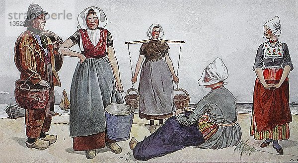 Menschen in Trachten  Mode  Kostüme  Kleidung in den Niederlanden um das 19. Jahrhundert  Illustration  Niederlande