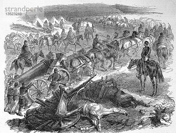 Krimkrieg  englischer Konvoi mit Gepäck und Artillerie  kommt aus dem Hafen von Balaklawa  1855  Holzschnitt  England