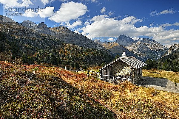 Berglandschaft mit Alphütte im Herbst  Albulatal  Val d'Alvra  Kanton Graubünden  Schweiz  Europa