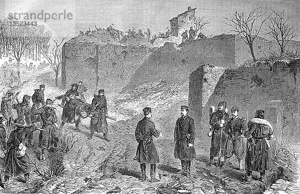 Soldaten demolieren französische Batterien auf dem Berg Abron  Deutsch-Französischer Krieg 1870/71  Holzschnitt  Frankreich  Europa
