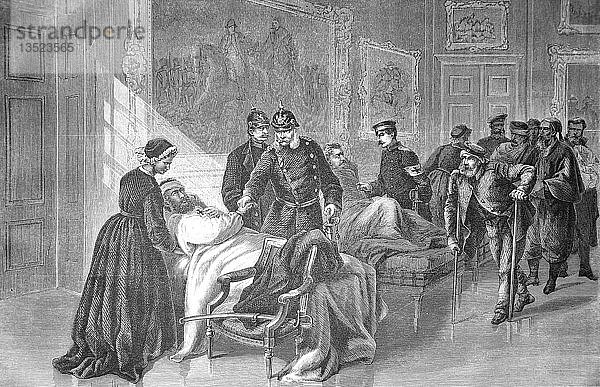 König Wilhelm I. besucht die Verwundeten im Lazarett des Schlosses von Versailles  Deutsch-Französischer Krieg 1870/71  Holzschnitt  Frankreich  Europa