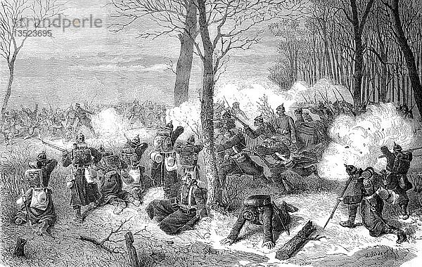 Verteidigung von Le Bourget gegen den Kampf der französischen Marineinfanterie in der Schlacht am 21. Dezember  Deutsch-Französischer Krieg 1870/71  Holzschnitt  Frankreich  Europa