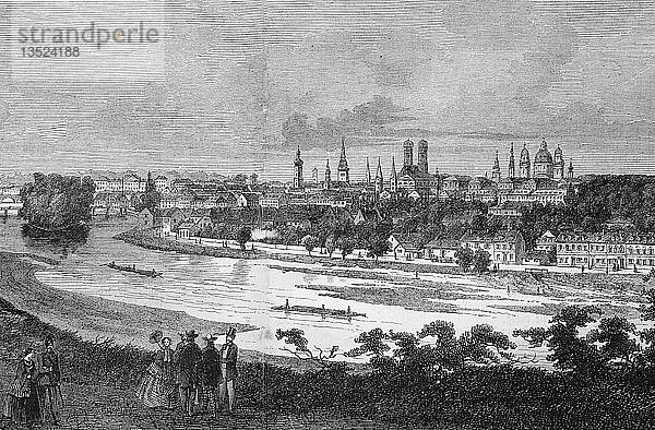 Panoramaansicht von München mit Isar  Bayern  Holzschnitt  1888  Deutschland  Europa