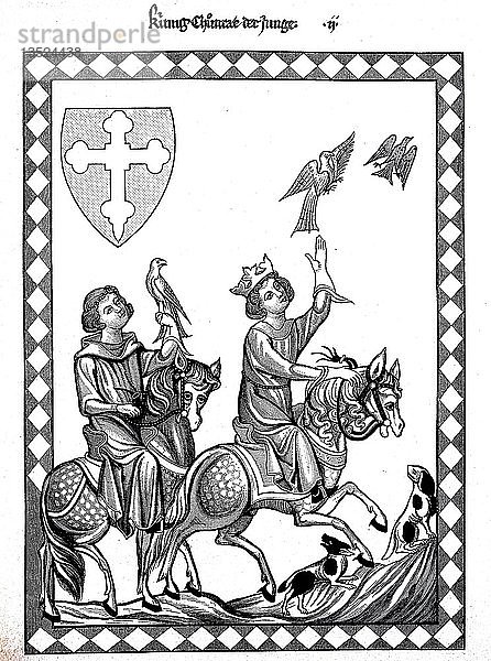 König Konradin  der Enkel Friedrichs II.  lässt bei der Pirschjagd mit seinem Freund Friedrich  Markgraf von Baden  einen Habicht reiten  14. Jahrhundert  Holzschnitt  Deutschland  Europa
